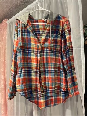 Time and Tru Red Blue Multi Plaid Hooded Flannel Jacket